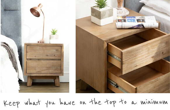 Acacia wood two drawer pedestal as a front shot next to a bed, then detail of the two drawers open